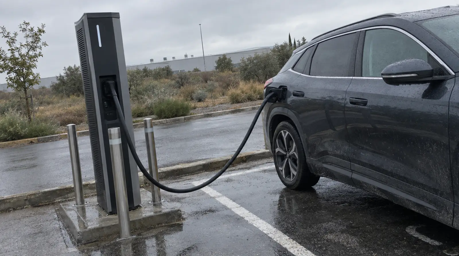 Todoterreno eléctrico gris conectado a un poste de recarga rápida en un aparcamiento mojado por la lluvia