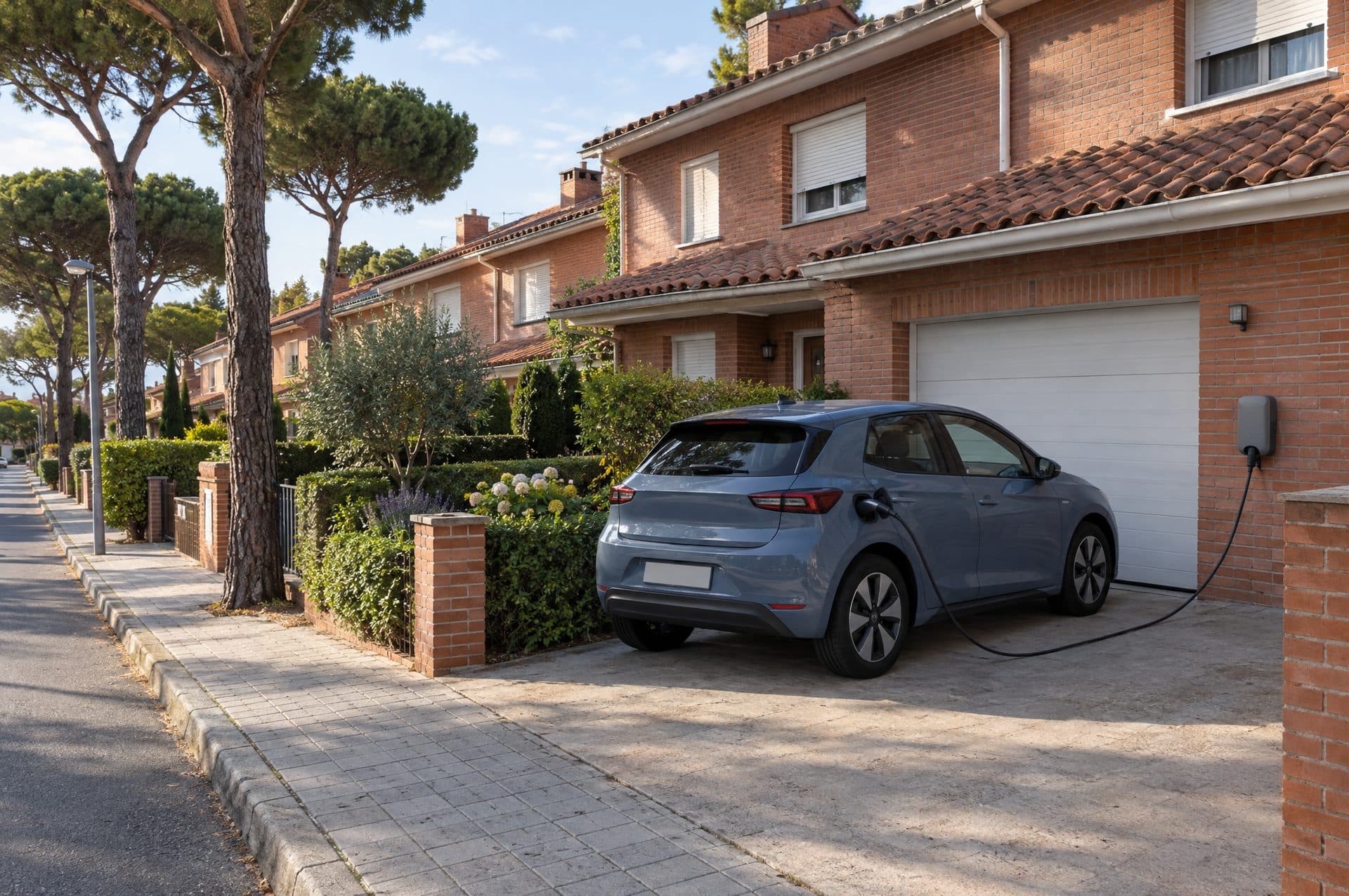 Calle de adosados de ladrillo con pinos y un coche eléctrico cargando en el cargador de pared junto al garaje
