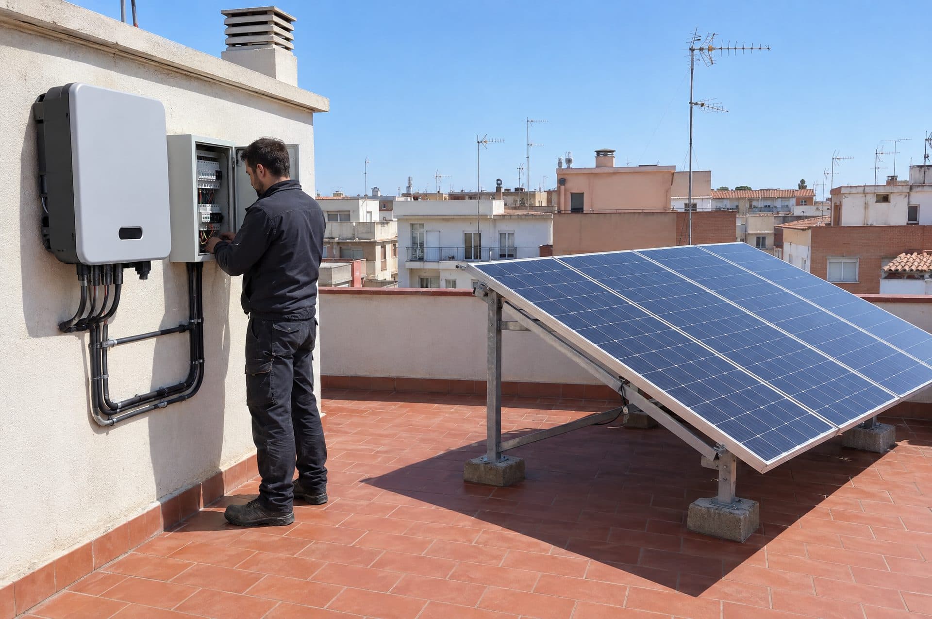 Electricista revisando el inversor y el cuadro de una instalación fotovoltaica en la azotea de un edificio