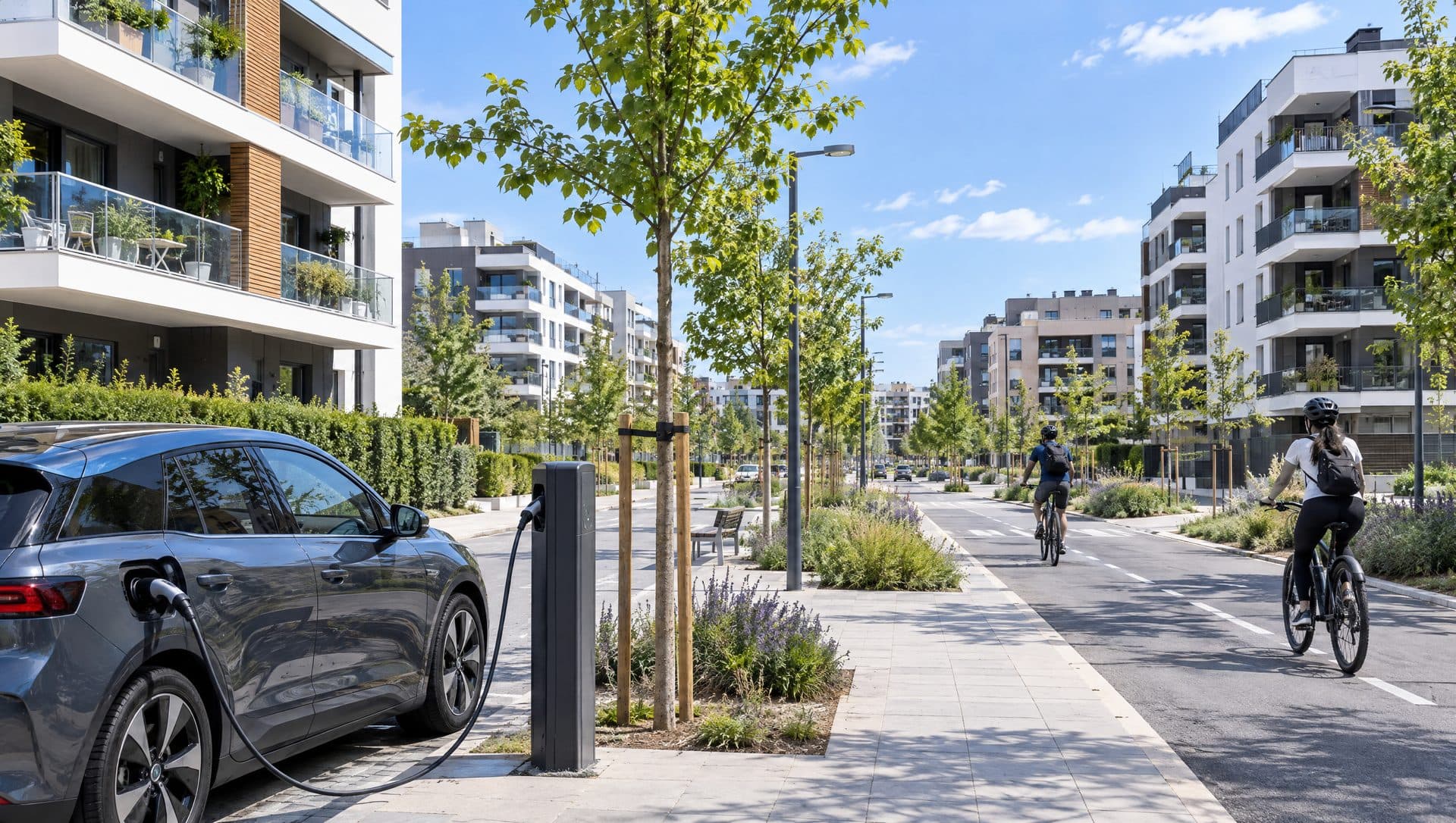Calle de un barrio de bloques nuevos con carril bici y un coche eléctrico cargando en un poste de la acera
