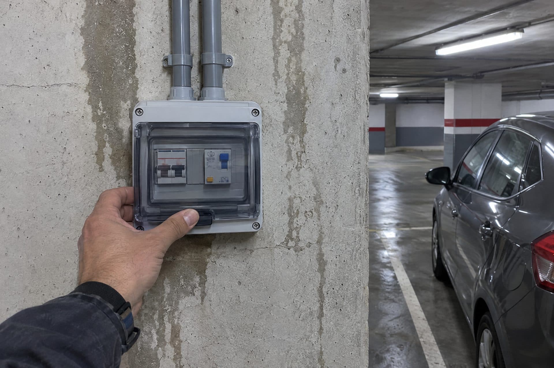 Caja estanca con magnetotérmico y diferencial junto a una plaza de garaje, con dos tubos grises que bajan del techo