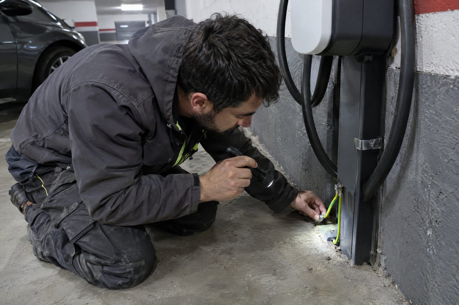 Electricista con una linterna revisando la conexión de tierra en la base de un cargador de garaje