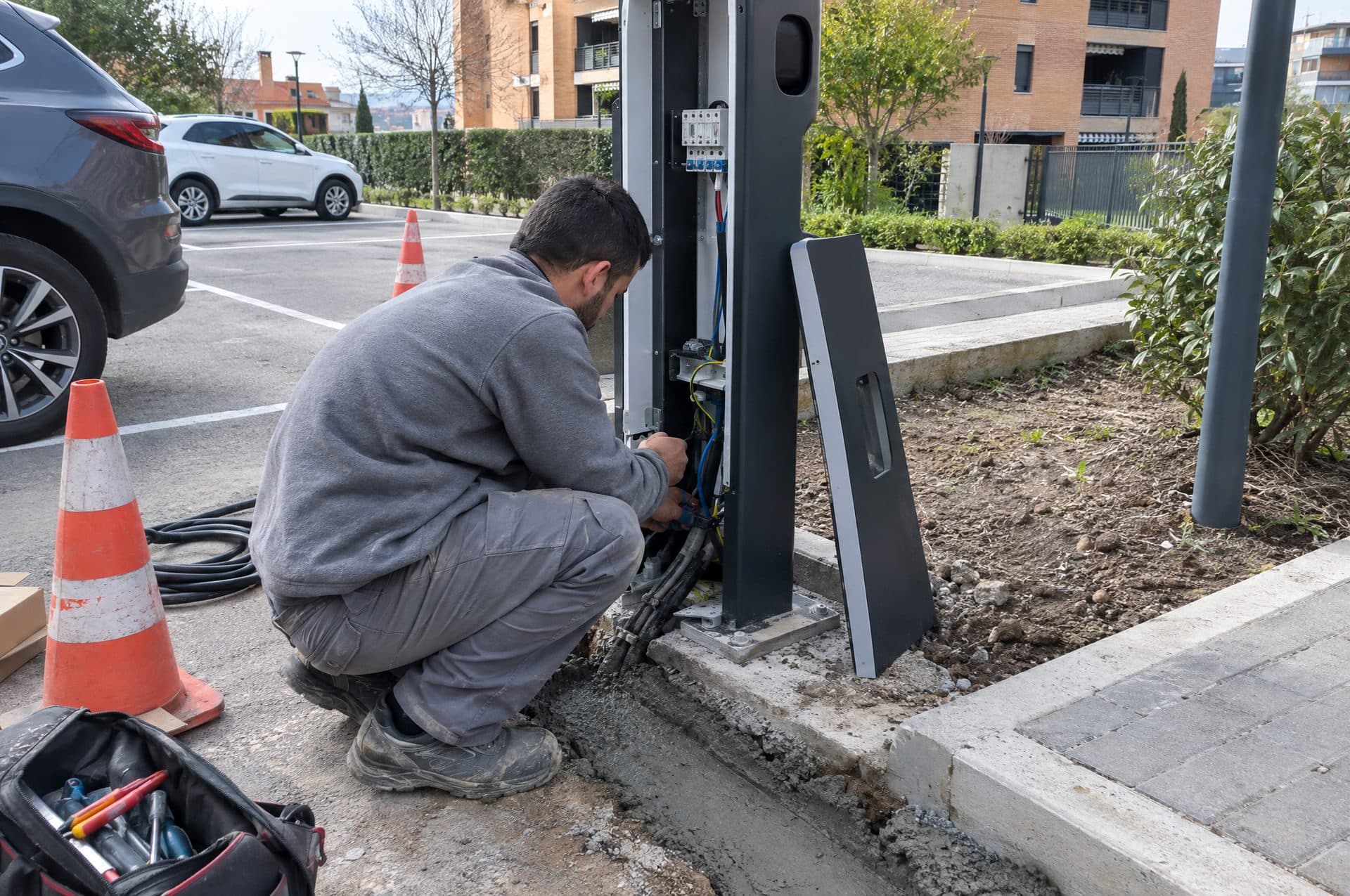 Electricista conectando cables en la base de un poste de recarga abierto, con la zanja recién hormigonada y conos alrededor