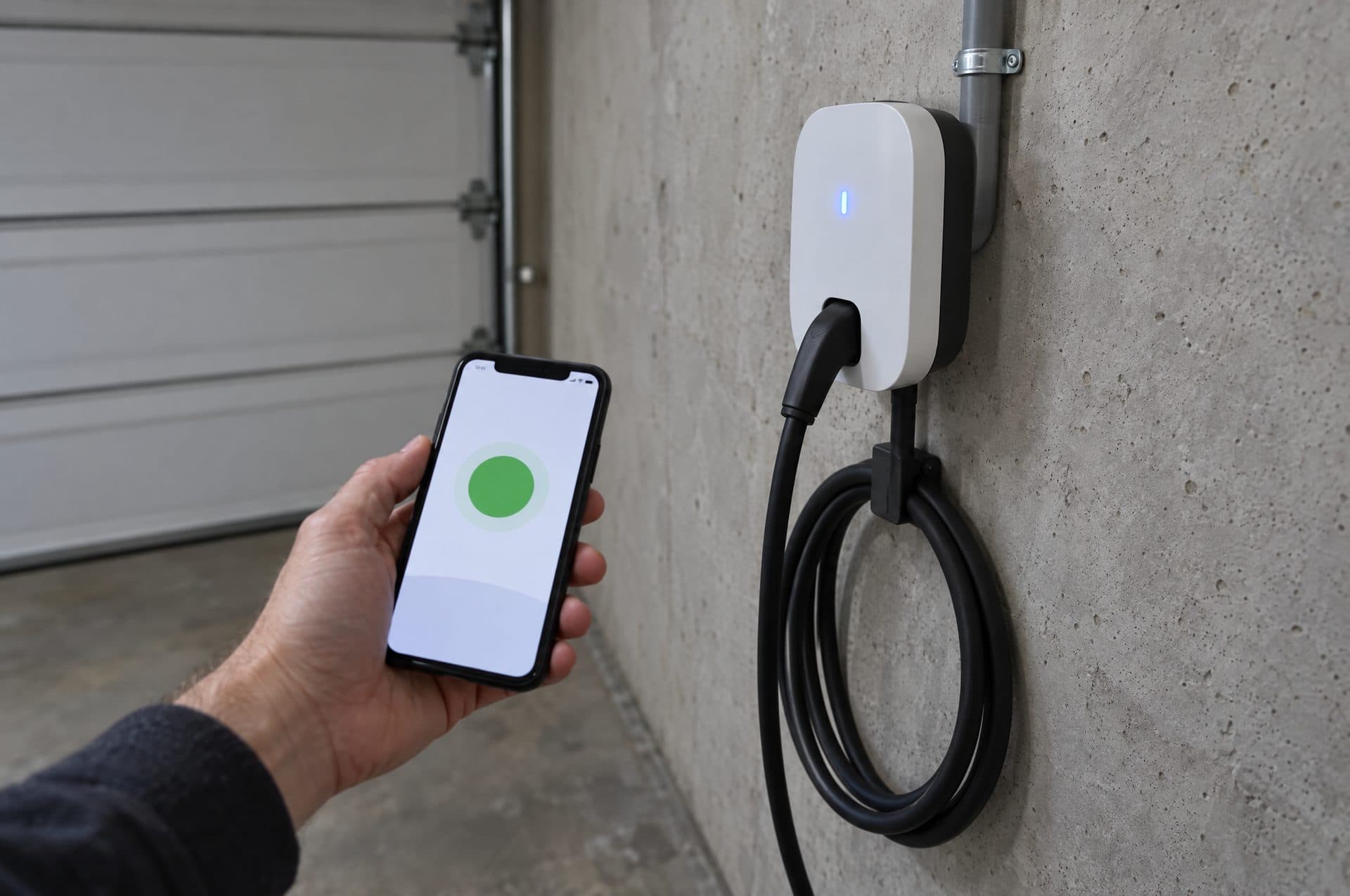Mano sujetando un móvil con la app de carga junto a un cargador blanco recién instalado en un garaje