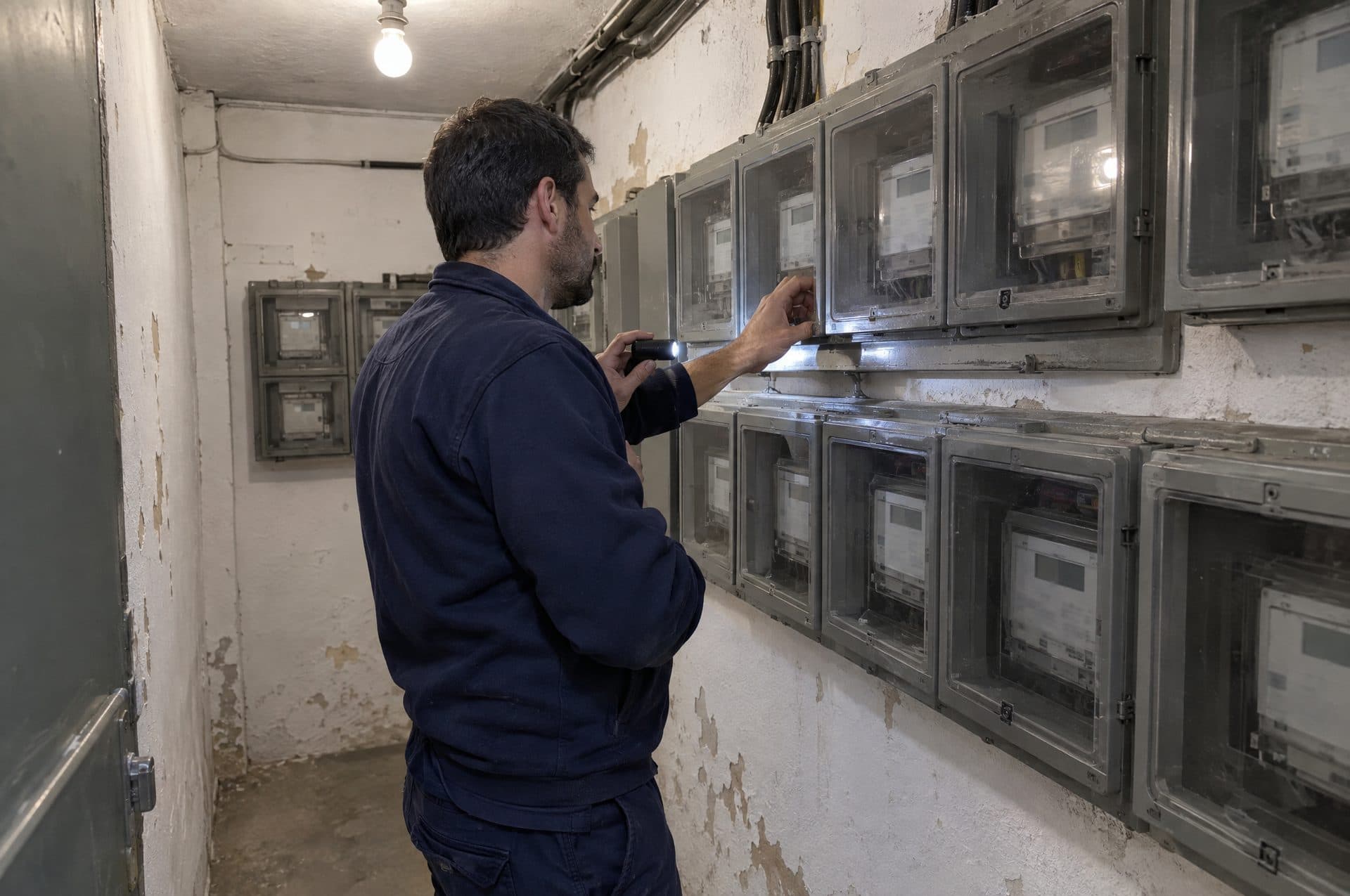 Electricista revisando con una linterna los contadores del cuarto de contadores de un edificio antiguo