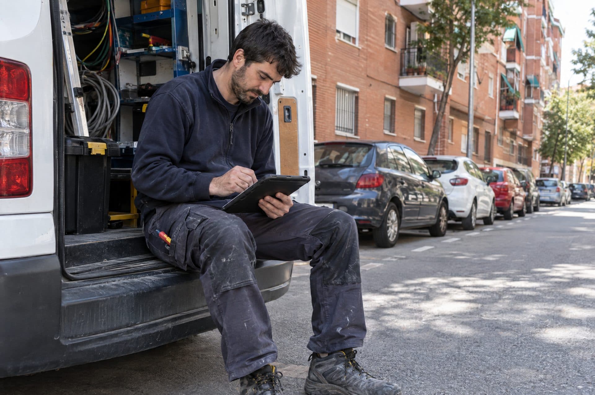 Electricista sentado en el portón de su furgoneta rellenando el parte de trabajo en una tablet, en una calle de bloques