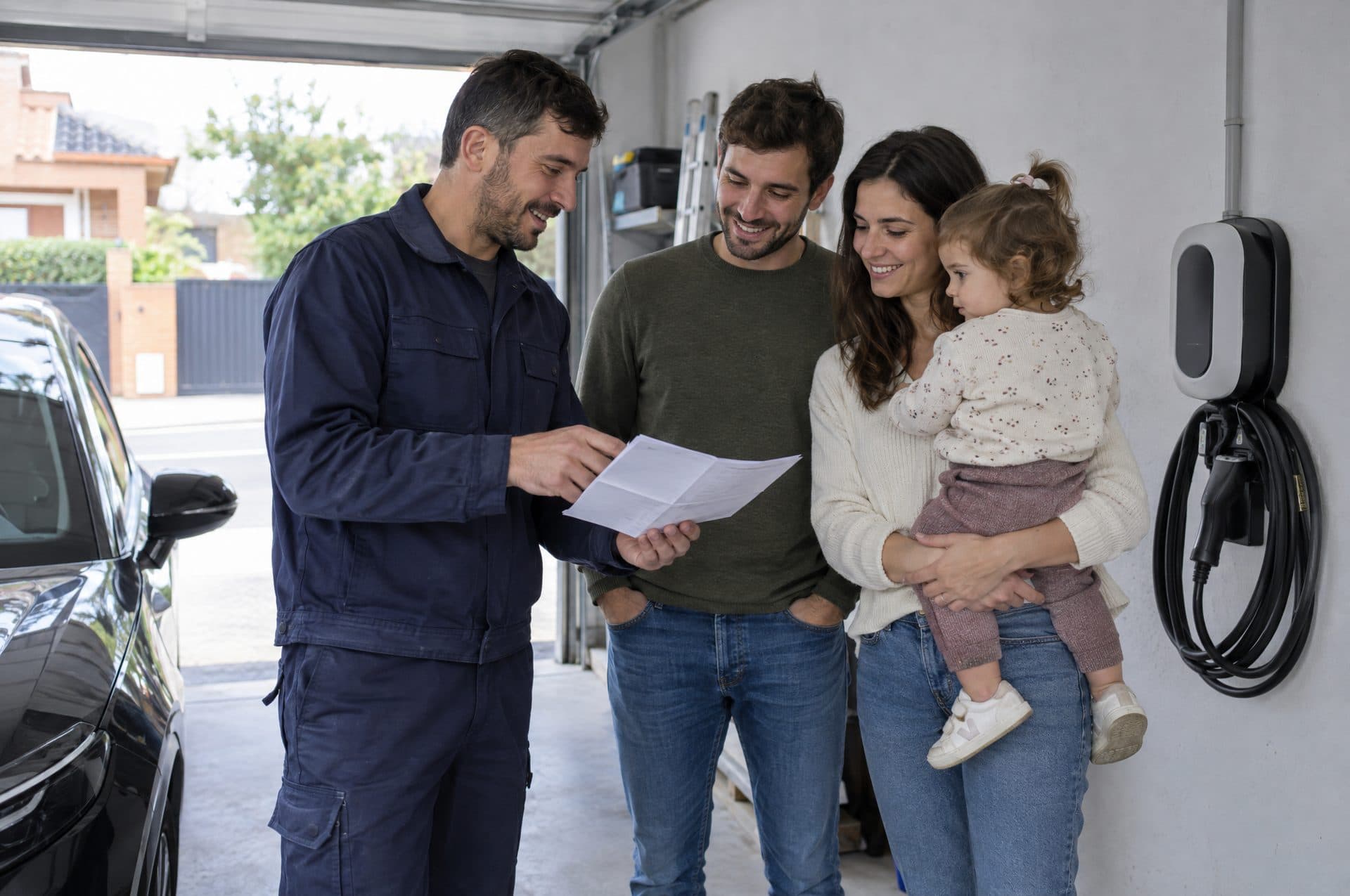 Instalador repasando un documento con una pareja y su hija pequeña junto al cargador nuevo de su garaje