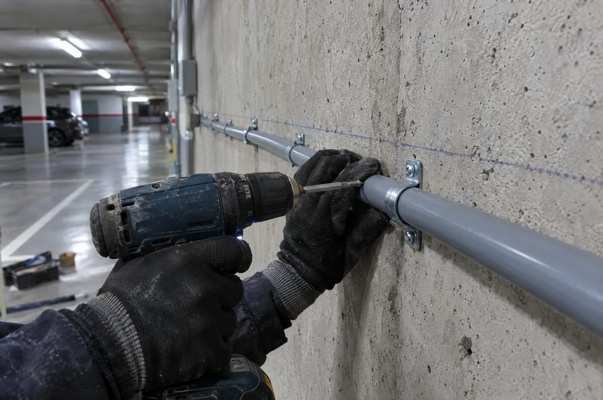 Manos con guantes atornillando las grapas de un tubo rígido gris a la pared de hormigón de un garaje