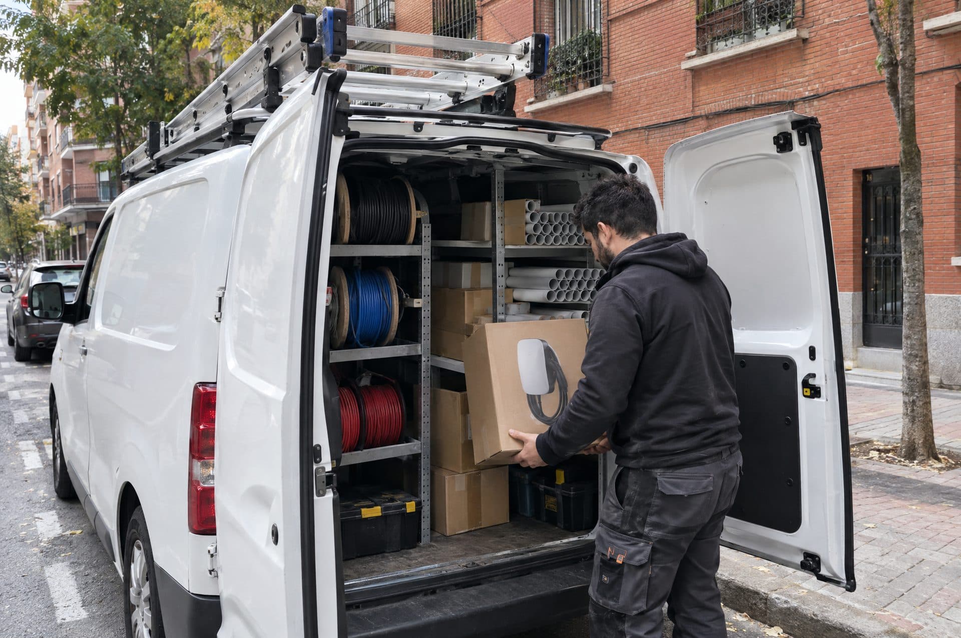 Electricista sacando un cargador en su caja de la furgoneta, cargada de bobinas de cable y tubo, en una calle de ladrillo
