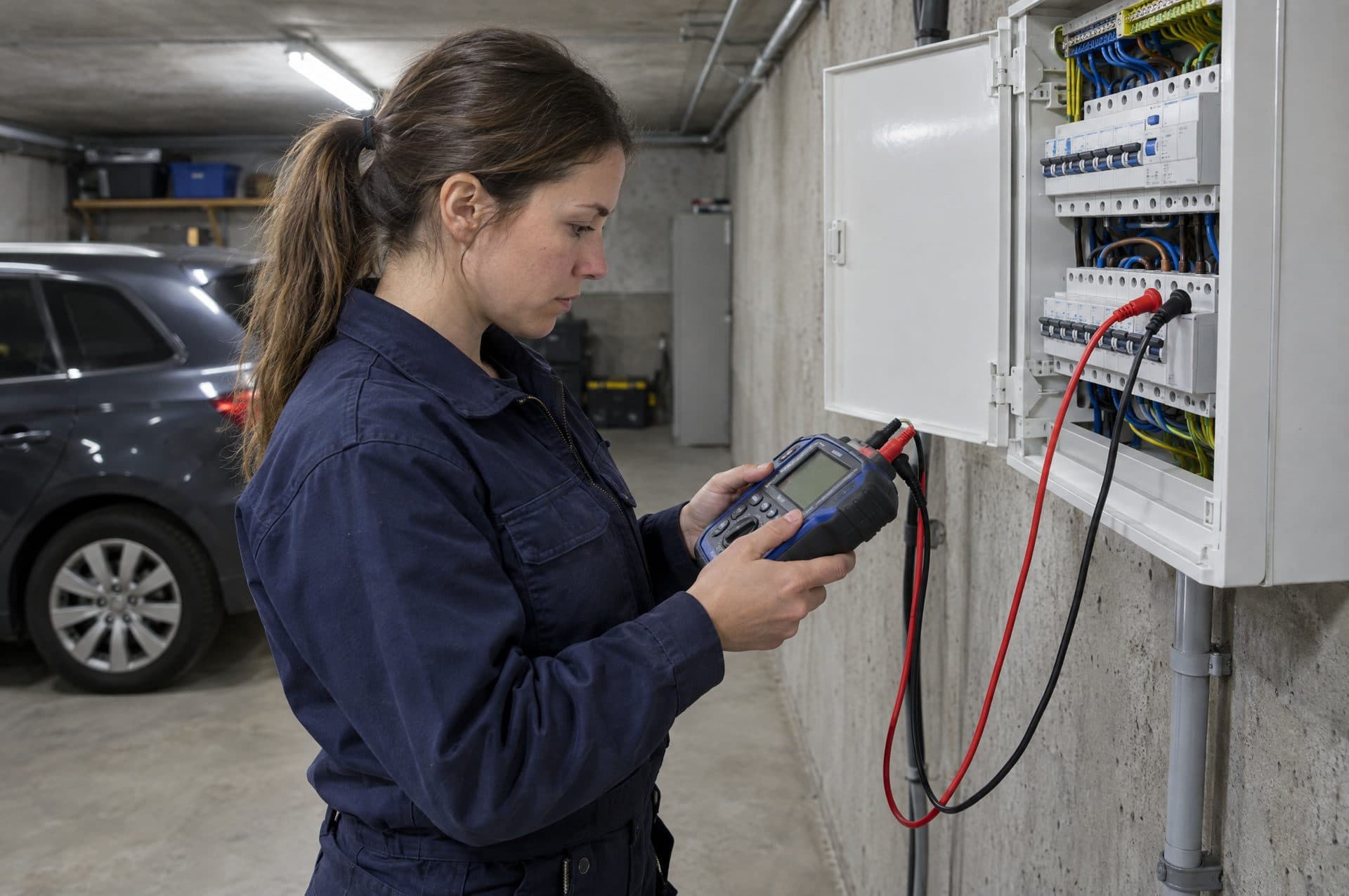 Instaladora comprobando con un medidor de instalaciones el diferencial de un cuadro eléctrico en un garaje
