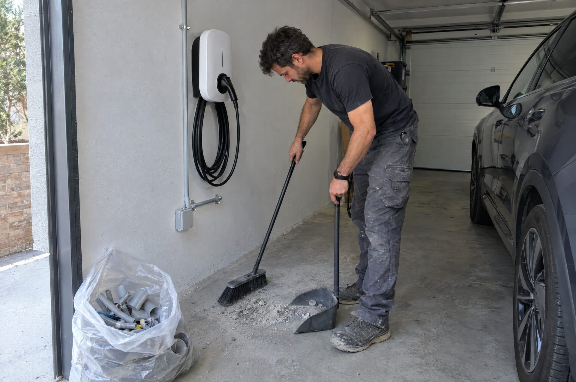 Electricista barriendo el polvo de la obra bajo el cargador recién montado en un garaje particular