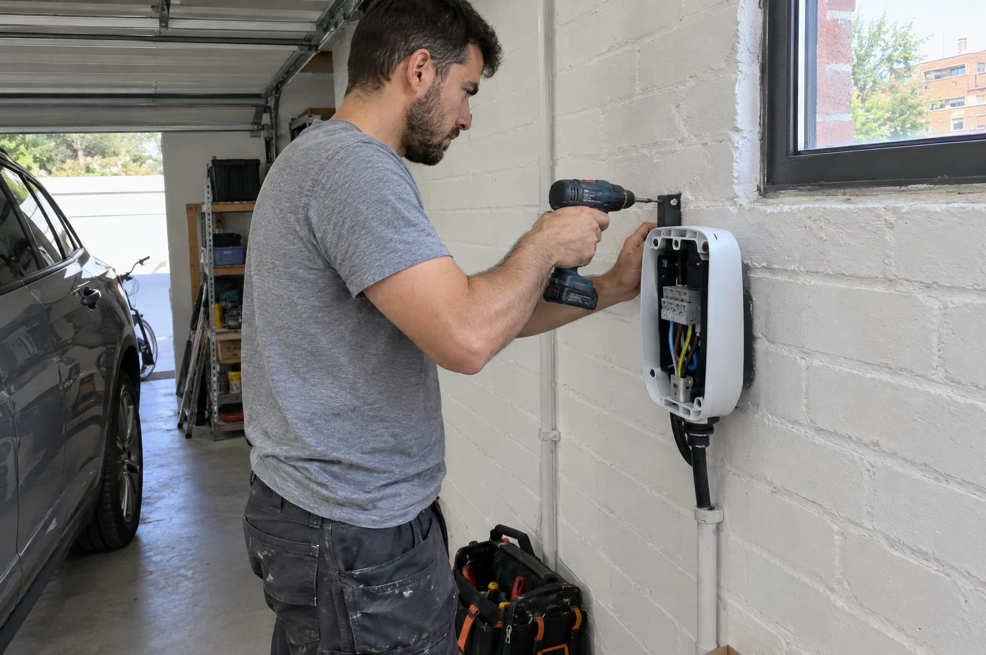 Electricista atornillando un cargador abierto, con la regleta de conexión a la vista, en la pared de ladrillo pintado de un garaje particular