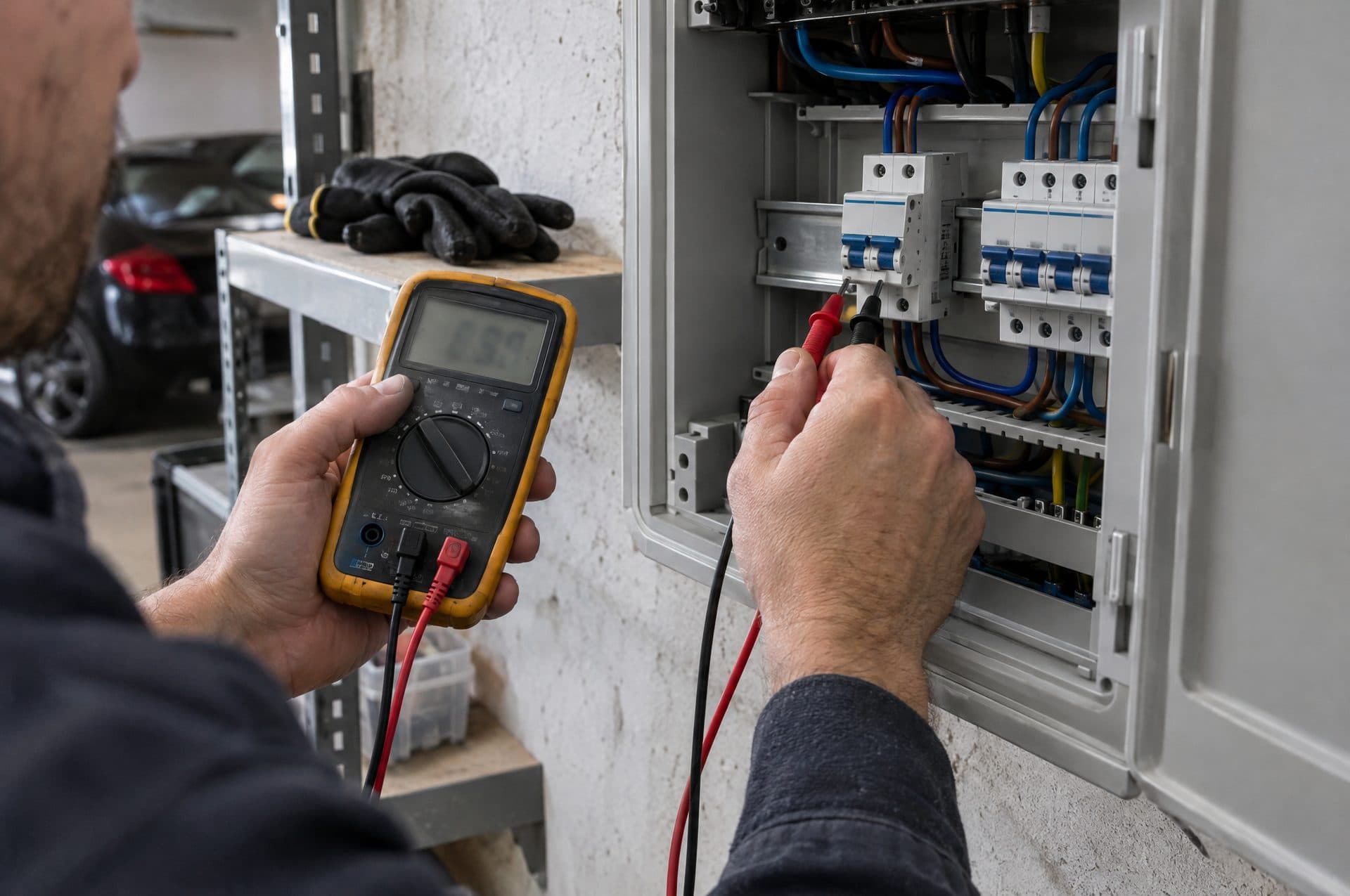 Manos de un electricista midiendo con un multímetro las protecciones nuevas de un cuadro eléctrico