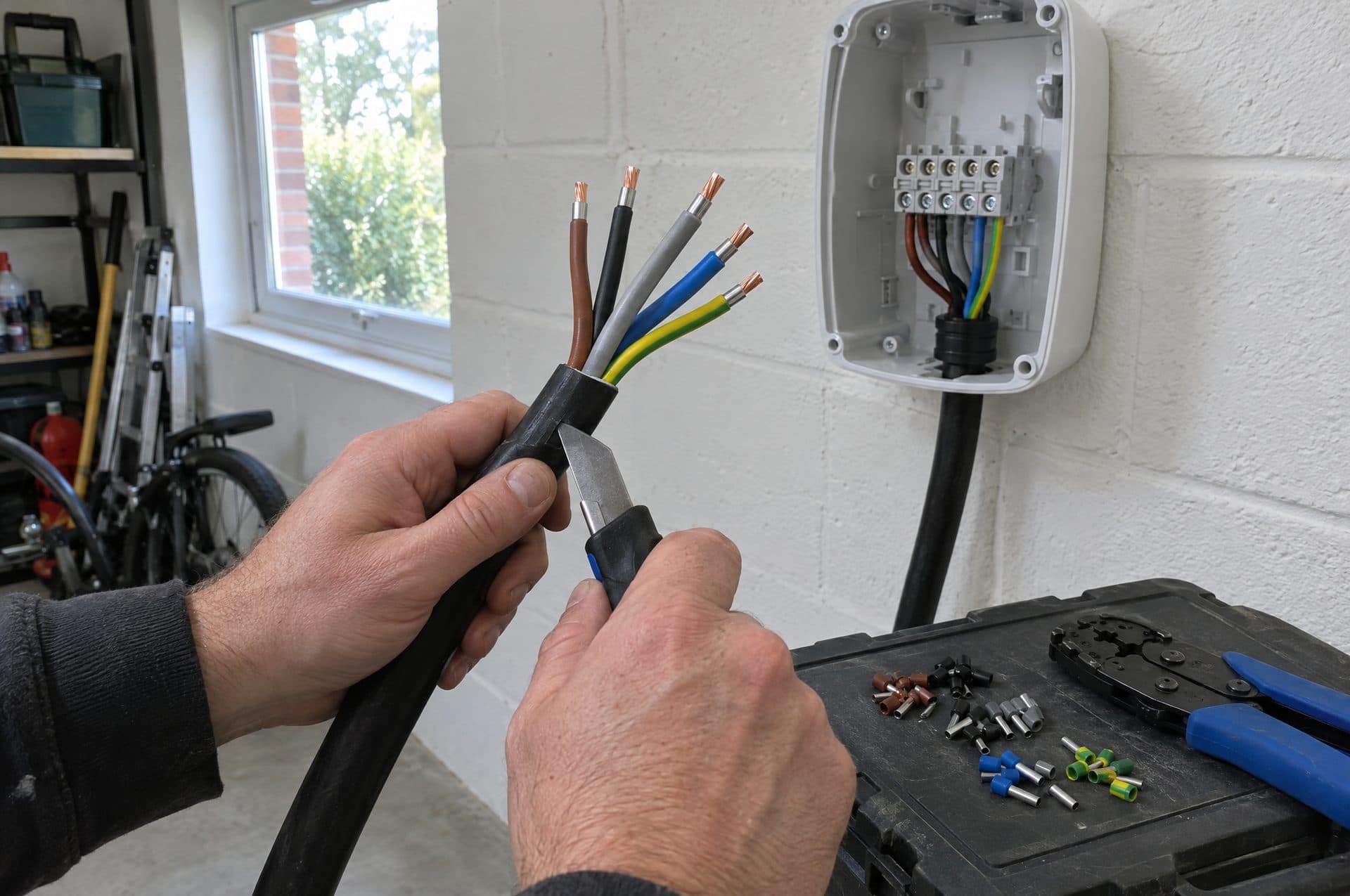 Electricista pelando la cubierta de un cable de cinco hilos junto a un cargador abierto, con punteras y crimpadora sobre la caja