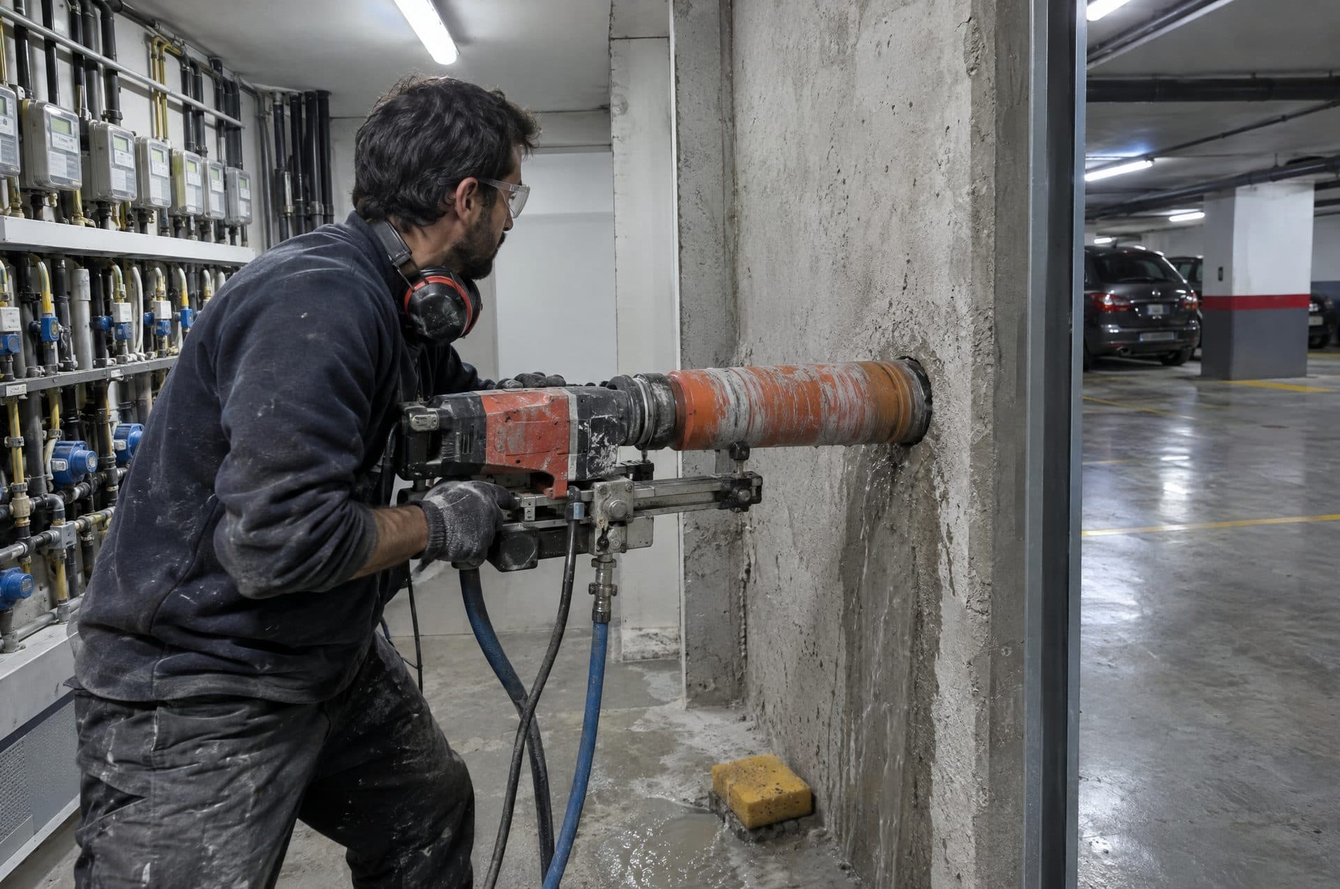 Electricista perforando con una corona un muro de hormigón entre el cuarto de contadores y el garaje
