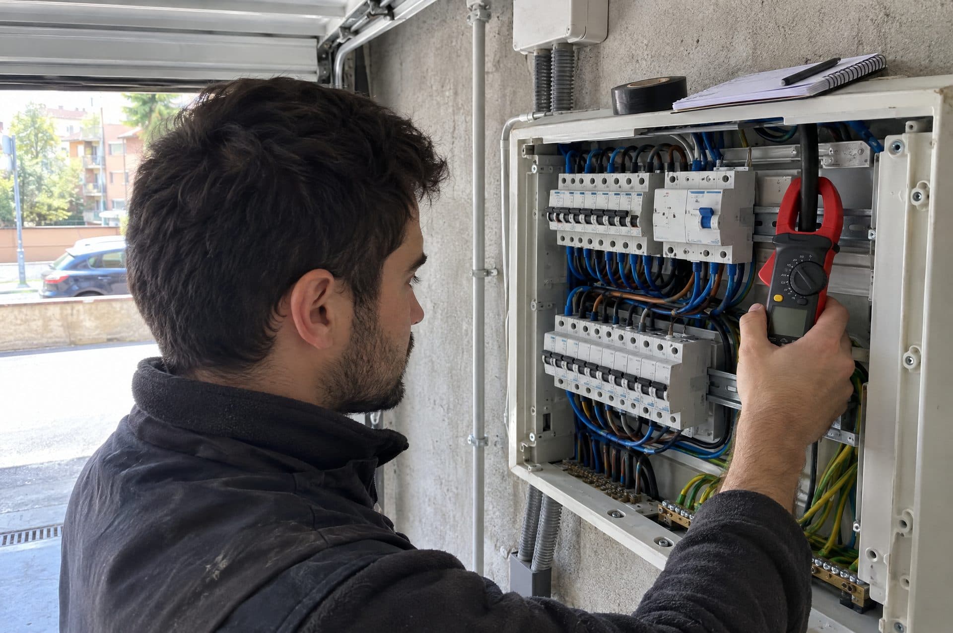 Electricista comprobando el consumo con una pinza amperimétrica dentro del cuadro eléctrico de un garaje