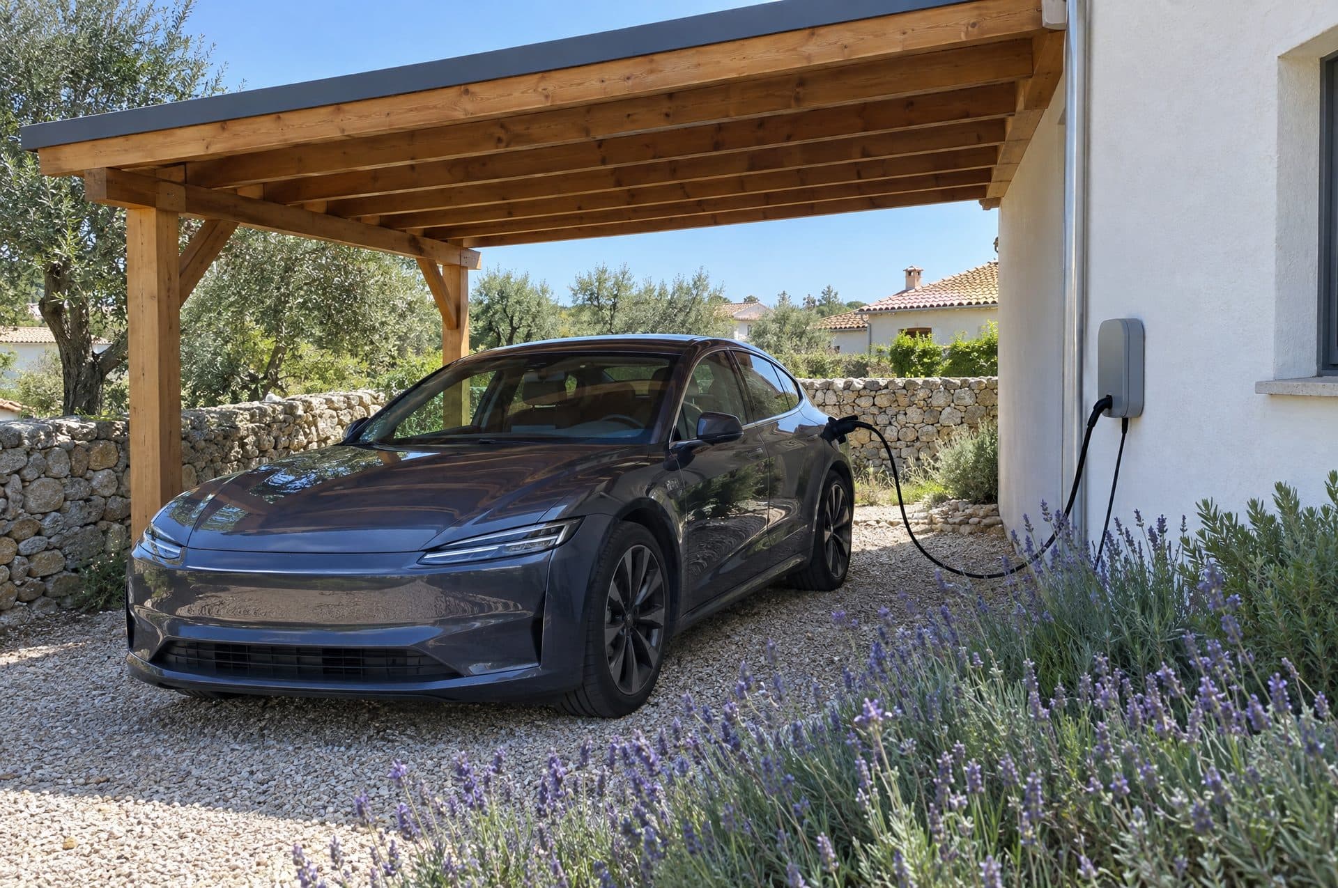 Coche eléctrico cargando bajo un porche de madera junto a un chalet, con muro de piedra y lavanda