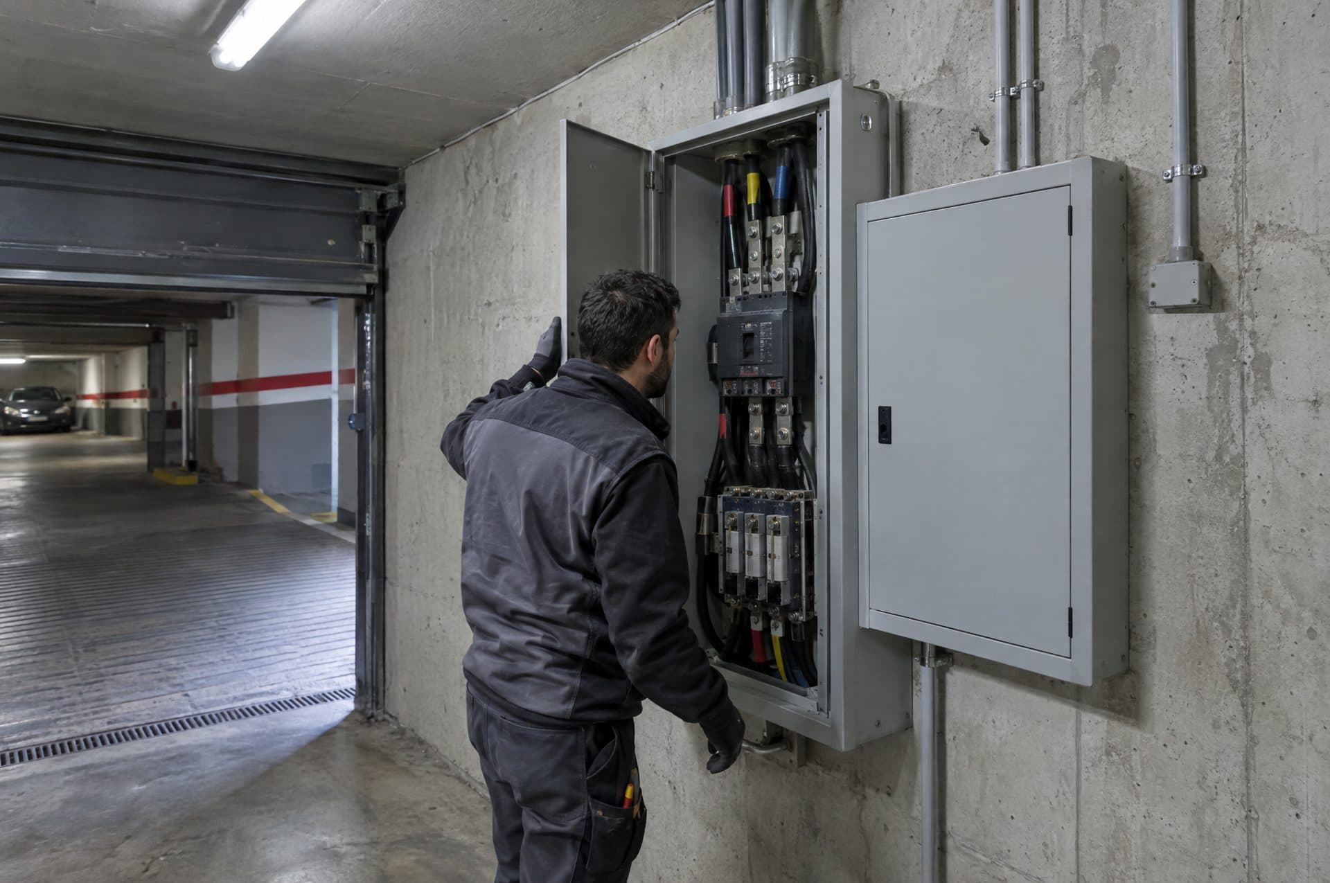 Electricista revisando el armario de la línea general a la entrada del garaje de un edificio