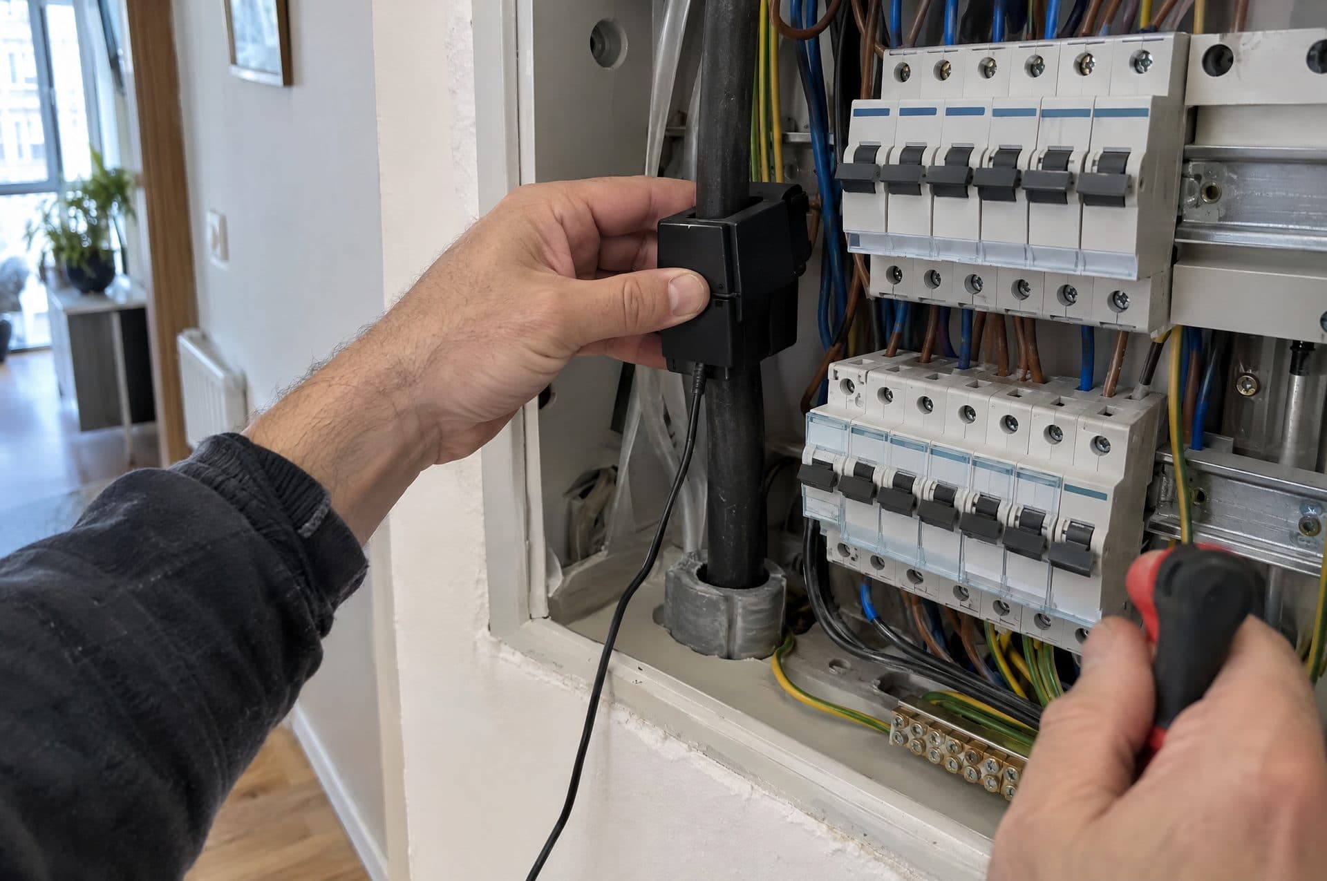 Manos colocando el sensor de control dinámico de potencia en el cable de entrada de un cuadro eléctrico doméstico