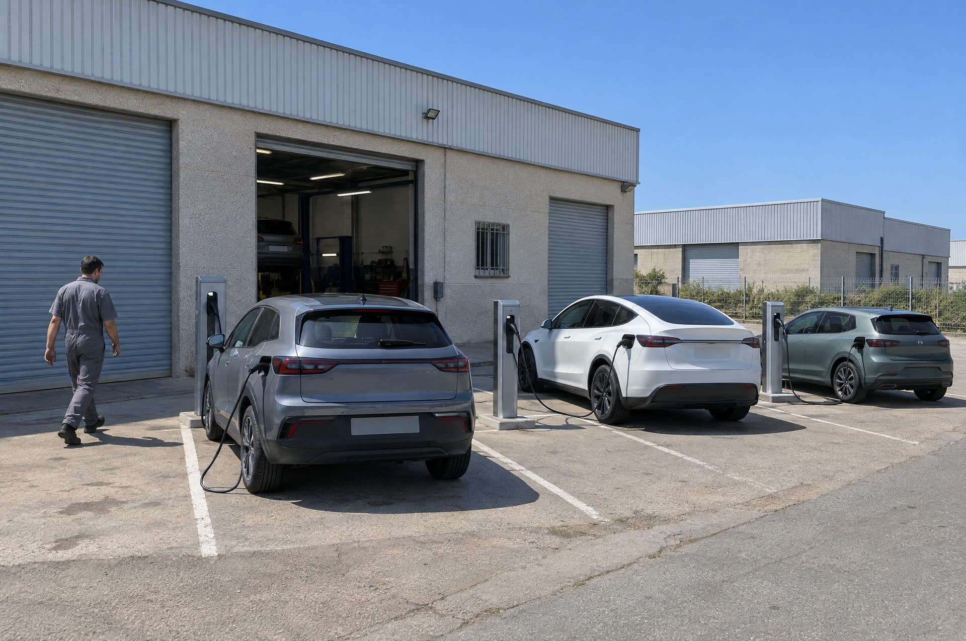 Aparcamiento de clientes de un taller con tres postes de recarga y coches eléctricos conectados