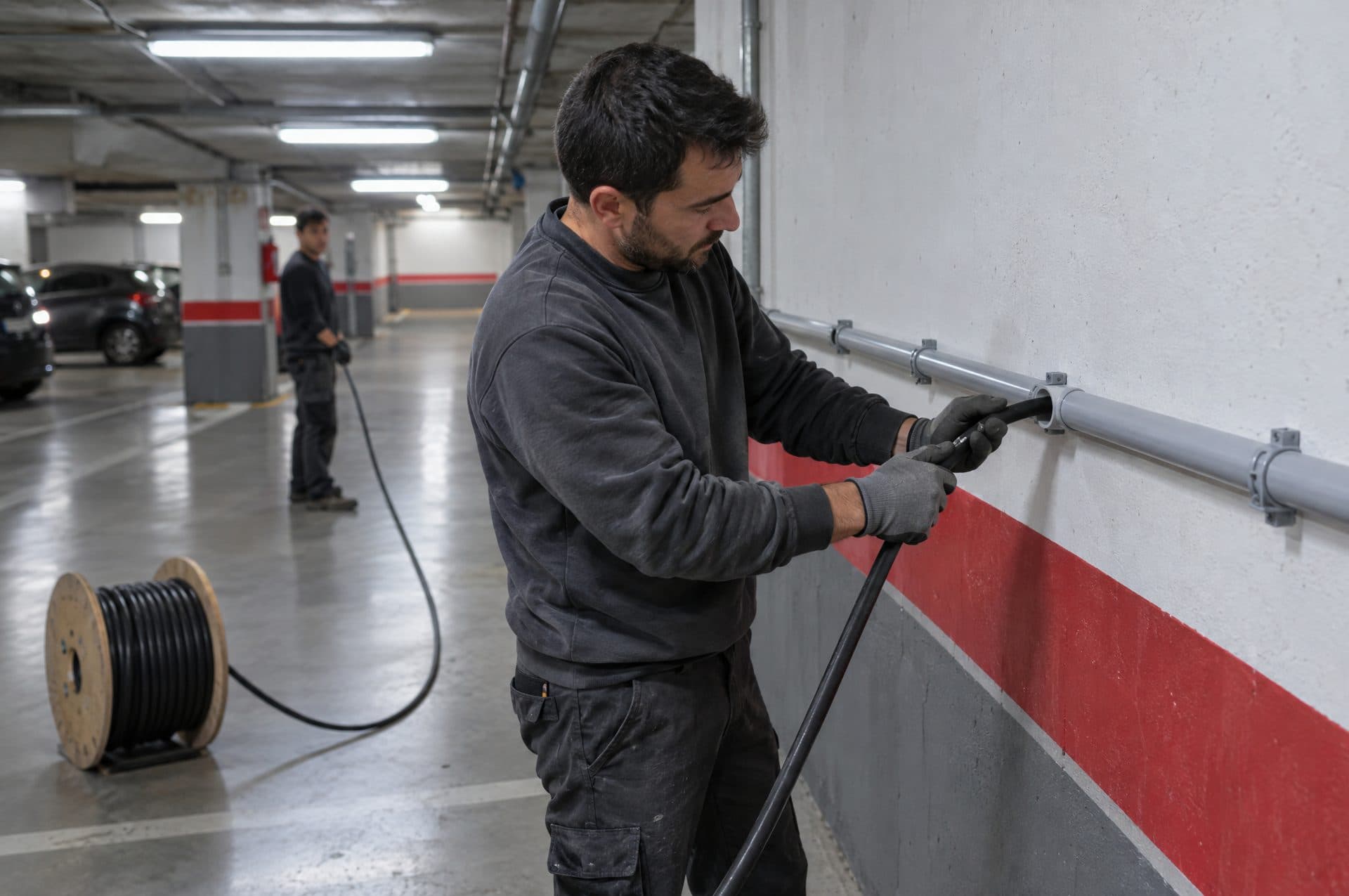 Electricista metiendo un cable de potencia en un tubo gris fijado a la pared de un garaje, con la bobina en el suelo y un compañero al fondo