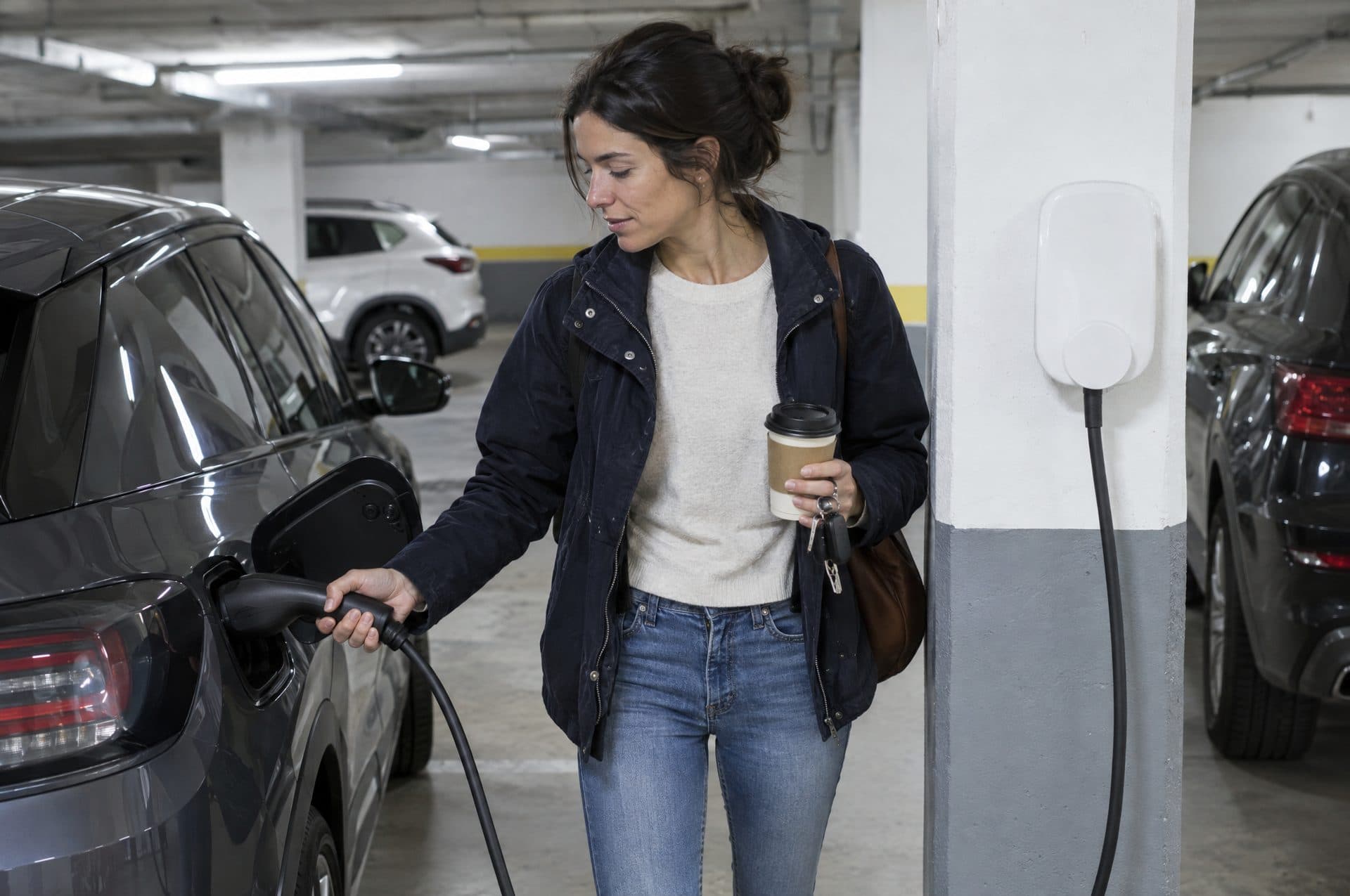 Mujer con un café en la mano desenchufando su coche eléctrico por la mañana en el garaje de su edificio